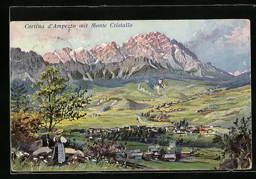 Künstler-AK Hans Treiber: Cortina d`Ampezzo, Panorama mit Monte Cristallo