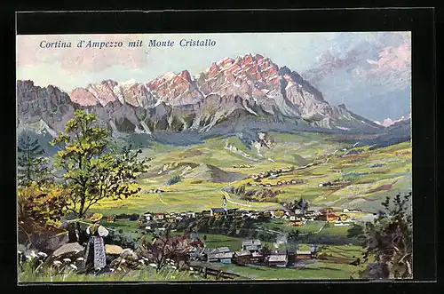 Künstler-AK Hans Treiber: Cortina d`Ampezo, Panorama mit Monte Cristallo