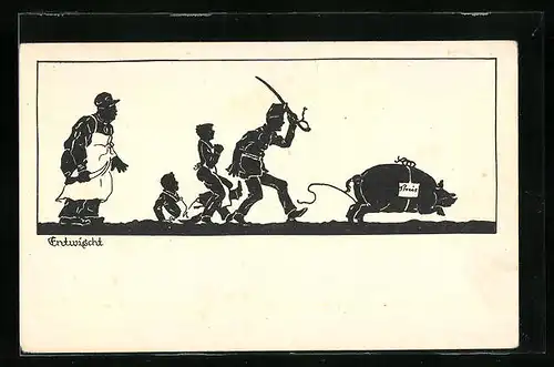 Künstler-AK Entwischt, Fleischer jagt ein Schwein