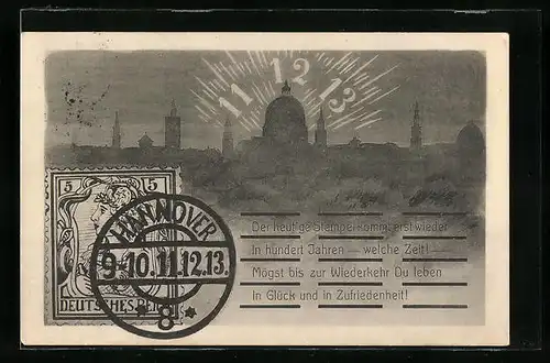 AK Hannover, Briefmarke und Stempel mit Datum 9-10.11.12.13.