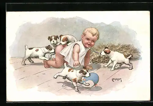 Künstler-AK Carl Moos: Kleinkind tollt mit Hundewelpen herum