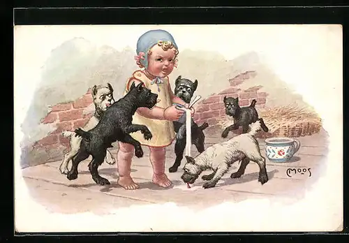 Künstler-AK Carl Moos: Kleinkind füttert Hundewelpen