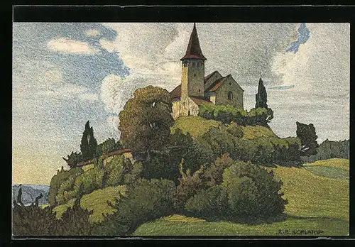 Künstler-AK Ernst E. Schlatter: Büsingen, Alte Kirche