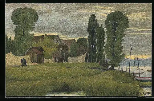 Künstler-AK Ernst E. Schlatter: Ermatingen, Ortspartie