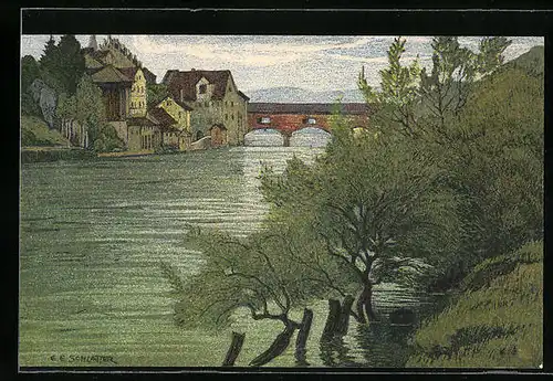 Künstler-AK Ernst E. Schlatter: Diessenhofen, Uferpartie