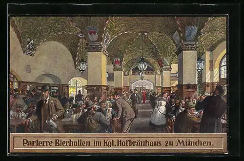 Künstler-AK Fritz Quidenus: München, Münchner Hofbräuhaus, Parterre-Bierhallen, Innenansicht