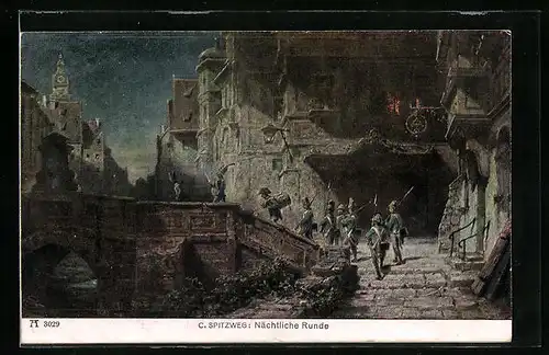 Künstler-AK Carl Spitzweg: Nächtliche Runde der Soldaten