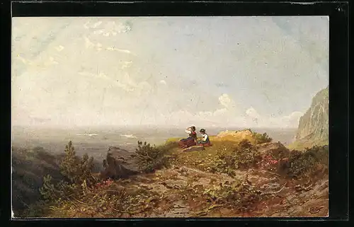 Künstler-AK Carl Spitzweg: Leipzig, Museum der bildenen Künste, Zwei Frauen auf der Alm