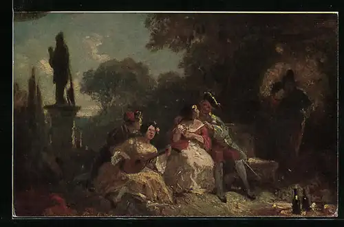 Künstler-AK Carl Spitzweg: Schäferstunde, Herren und Damen mit Laute am Abend