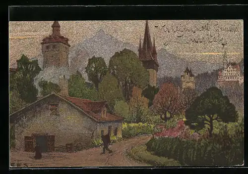 Künstler-AK Ernst E. Schlatter: Luzern, Museggtürme mit Gütsch und Pilatus