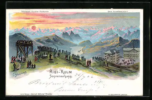 Künstler-AK C. Steinmann Nr. 2063: Rigi-Kulm, Panorama mit Aussichtsturm bei Sonnenaufgang