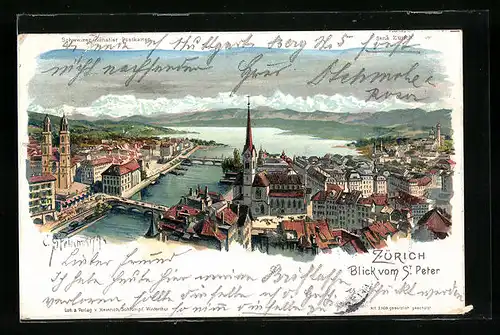 Künstler-AK C. Steinmann Nr. 2108: Zürich, Blick vom St. Peter auf den Ort mit Kirche