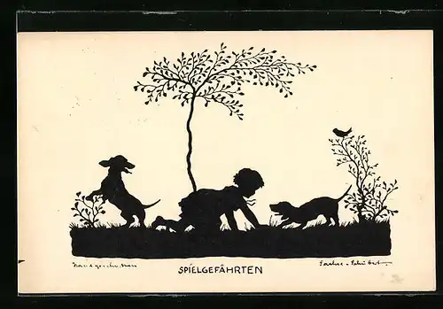 Künstler-AK Marta Sachse-Schubert: Schattenbild, Spielgefährten, Mädchen spielt mit zwei Hunden