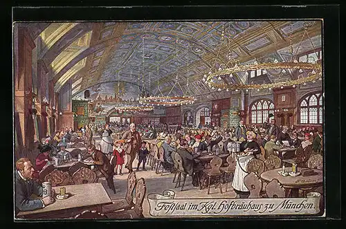 Künstler-AK Fritz Quidenus: München, Münchner Hofbräuhaus, Festsaal, Innenansicht