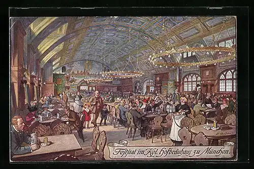 Künstler-AK Fritz Quidenus: München, Münchner Hofbräuhaus, Festsaal, Innenansicht