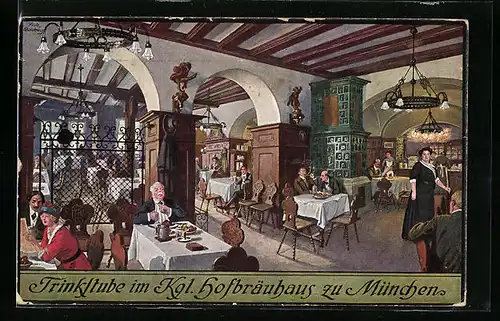 Künstler-AK Fritz Quidenus: München, Münchner Hofbräuhaus, Trikstube, Innenansicht