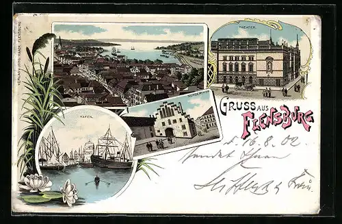 Lithographie Flensburg, Theater, Nordertor, Hafen