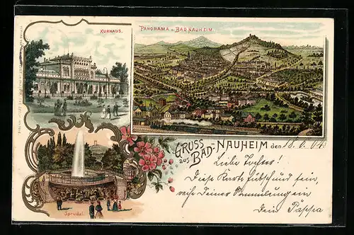 Lithographie Bad-Nauheim, Kurhaus, Sprudel, Panorama