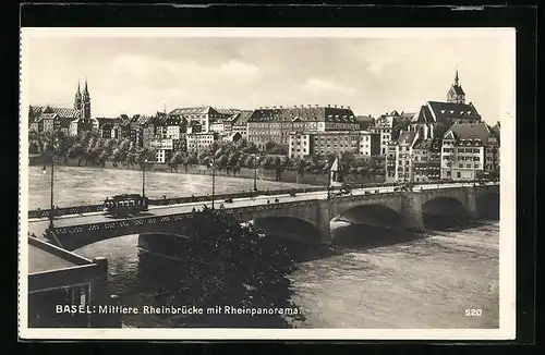 AK Basel, Mittlere Rheinbrücke mit Strassenbahn und Rheinpanorama