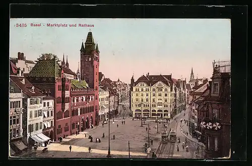 AK Basel, Marktplatz und Rathaus mit Strassenbahn
