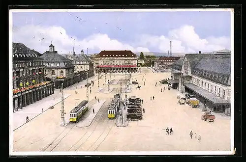 AK Karlsruhe, Bahnhofplatz mit Strassenbahn