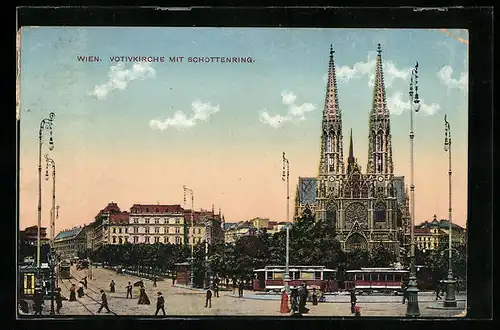 AK Wien, Votivkirche mit Strasse Schottenring und Strassenbahn