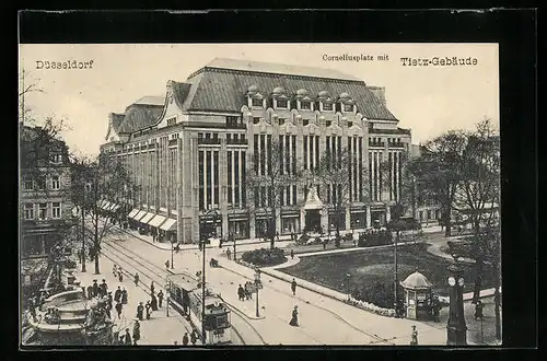 AK Düsseldorf, Corneliusplatz mit Tietz-Gebäude und Strassenbahn