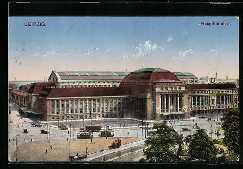AK Leipzig, Hauptbahnhof mit Strassenbahn