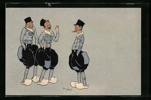 Künstler-AK sign. Leo Cheney: Drei Holländer in Holzschuhen unterhalten sich