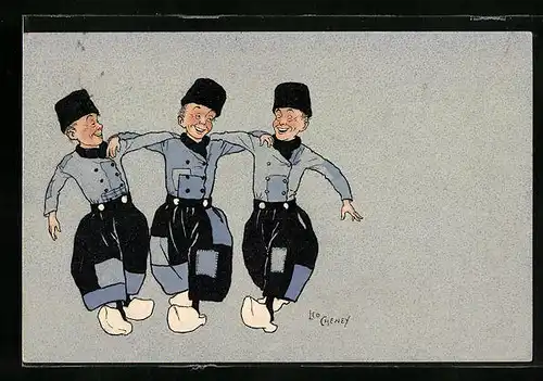 Künstler-AK sign. Leo Cheney: Drei tanzende Holländer in Holzschuhen