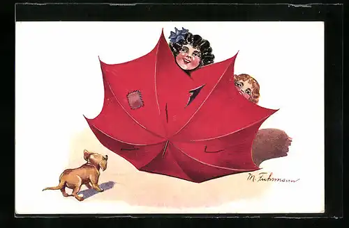 Künstler-AK sign. M. Fuhrmann: Zwei Frauen hinter rotem Schirm mit Hund