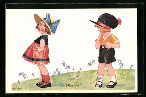 Künstler-AK sign. Mia Gal: Abgeblitzt!, Junge und Mädchen auf einer Blumenwiese