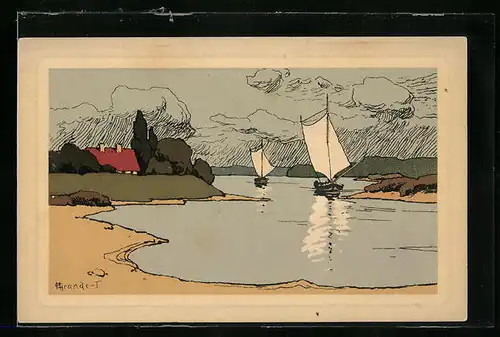 Künstler-AK sign. H. Grande: Uferpartie mit Segelbooten