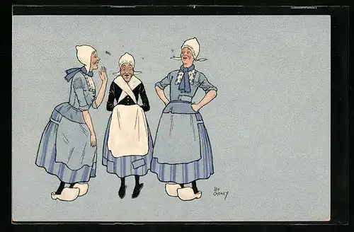 Künstler-AK sign. Leo Cheney: Drei ältere Holländerinnen unterhalten sich