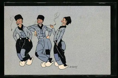 Künstler-AK sign. Leo Cheney: Drei Holländer in Holzschuhen mit Tabakpfeife