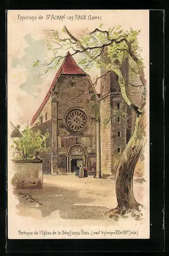 Künstler-AK sign. Louis Tauzin: St Alban-les-Eaux, Portique de l`Eglise de la Bénissons-Dieu