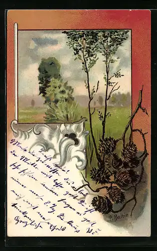 Künstler-AK sign. P. Baltin: Landschaft mit Bucheckernzweig