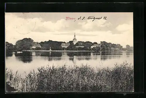 AK Mirow, Uferanlagen, Blick zum Kirchturm