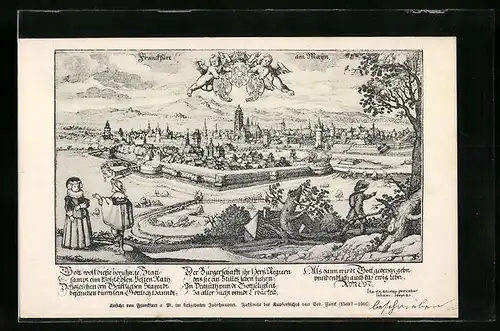 Künstler-AK Frankfurt am Main, Engel über der Stadt, Darstellung aus vergangenen Tagen