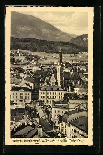AK Villach, Nikolaikirche und Draubrücke vom Stadtpfarrturm
