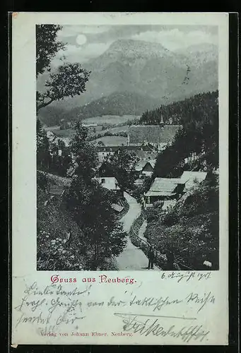 Mondschein-AK Neuberg, Blick von einem Weg auf den Ort