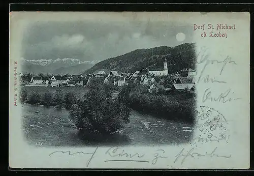 Mondschein-AK St. Michael ob Leoben, Blick vom Fluss auf den Ort