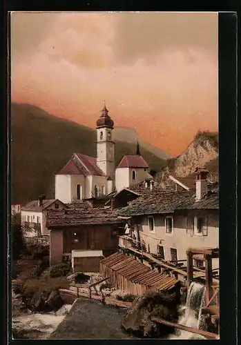 AK Gossensass, Ortsansicht im Abendrot