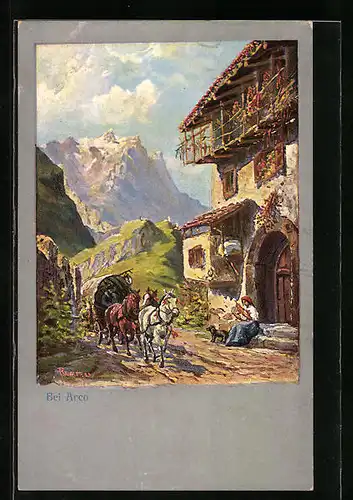 Künstler-AK Arco, Pferdekutsche kommt in der Stadt an