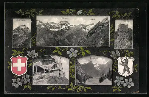 AK Schwende, Wildkirchli Seealpsee, Säntisspitze, Wappen