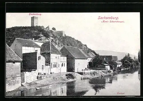 AK Sachsenburg /Kreis Eckartsberga, Uferpartie mit Hackenburg