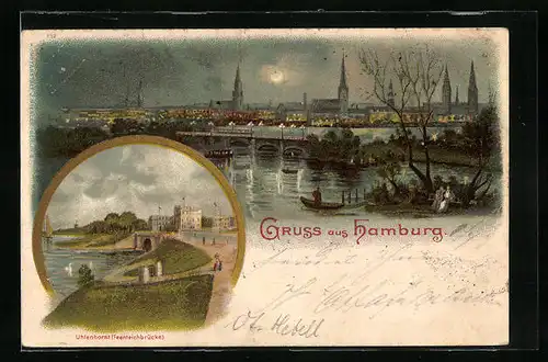 Lithographie Hamburg, Teilansicht bei Mondschein, Uferpartie