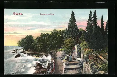 AK Abbazia, Cypressen am Meer