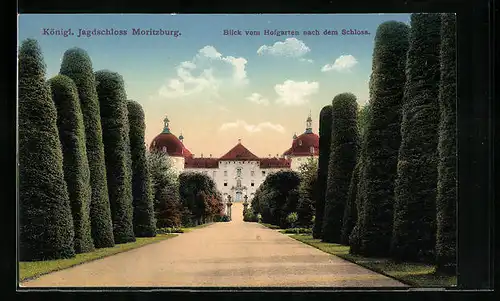 AK Moritzburg, Kgl. Jagdschloss vom Hofgarten aus