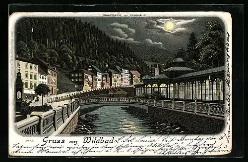 Lithographie Wildbad, Olgastrasse mit Trinkhalle bei Mondschein